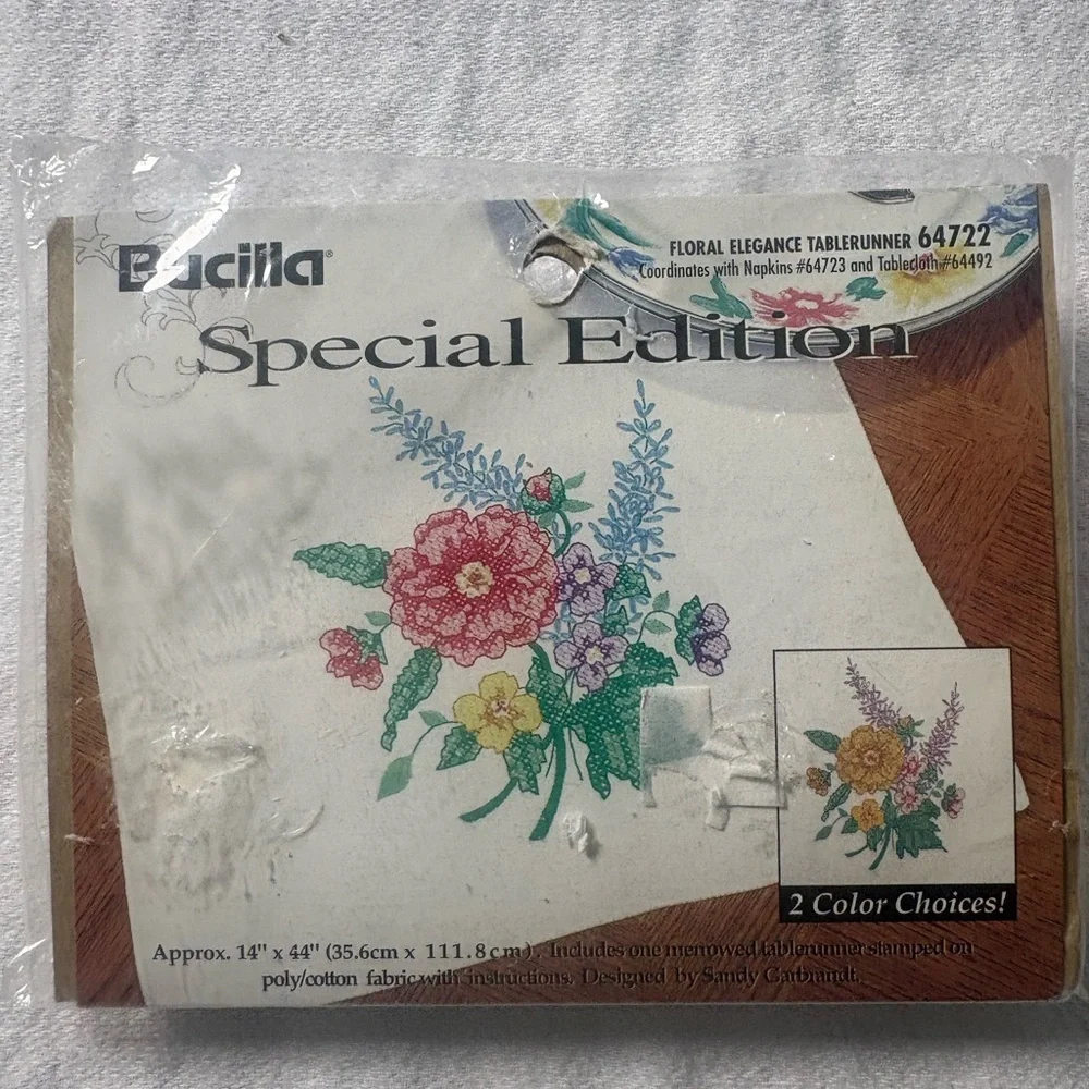 Vintage Bucilla Special Edition stamped needlework table runner kits.